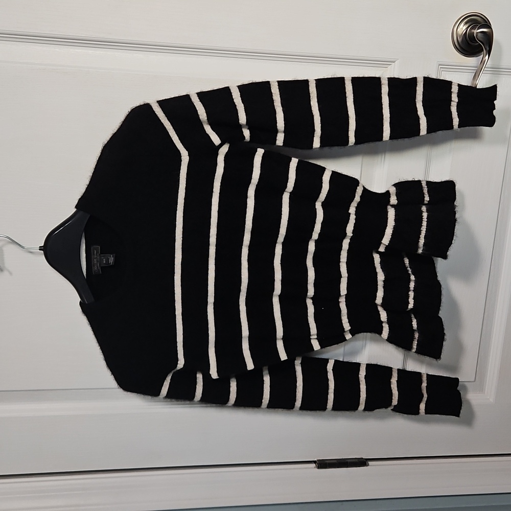 Saks Fifth Ave Cashmere Peplum Sweater Black White Stripe Womens Medium